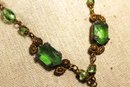 Czech. 1920s Gilt Brass And Glass Fancy Drop Pendant Necklace In Green
