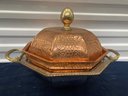 Copper And Brass Covered Serving Dish With Lower Pan For Chilling