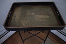 Antique Side Table With A Wooden Tray On A Metal Collapsing Stand