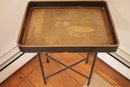 Antique Side Table With A Wooden Tray On A Metal Collapsing Stand