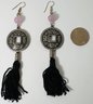 SIGNED JJ PEWTER TONE ASIAN COIN FORM DANGLE EARRINGS