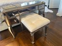 Hollywood Regency Style Mirrored Vanity / Desk And Bench With Bonus Mirrored Pail