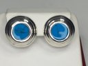 Beautiful 925 / Sterling Silver And Turquoise Button Earrings - Made In  Mexico - About The Size Of Quarter