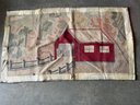 Vintage Folk Art Hooked Rug, A Red Bridge  House   (g) 54' X31'
