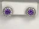 Fabulous Brand New Sterling Silver / 925 Earrings With Fantastic Deep Color Amethyst Encircled White Topaz