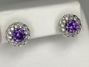 Fabulous Brand New Sterling Silver / 925 Earrings With Fantastic Deep Color Amethyst Encircled White Topaz