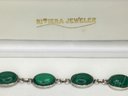 Wonderful Vintage 925 / Sterling Silver Bracelet With Polished Malachite Gemstones - Very Nice Vintage Piece