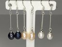 Wonderful Set Of Three (3) Pairs Of 925 / Sterling Silver And Genuine Cultured Baroque Pearl Drop Earrings