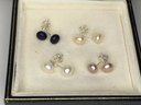 Beautiful Set Of Four (4) Pairs Of Genuine Cultured Baroque Pearl Earrings With 925 / Sterling Silver Mounts