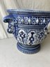 Vintage Blue And White Neo Classical Jardiniere, Measures 13' Tall
