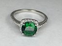 Gorgeous Brand New Sterling Silver / 925 Ring With Emerald Encircled With Sparkling White Zircons - WOW !