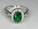 Fabulous Brand New 925 / Sterling Silver Ring With Emerald Encircled With Sparkling White Zircons - Wow !