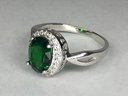 Fabulous Brand New 925 / Sterling Silver Ring With Emerald Encircled With Sparkling White Zircons - Wow !