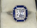 Absolutely Stunning Art Deco Style Sterling Silver / 925 Ring With Sapphire And White Zircons - Amazing Look !