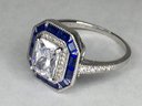 Absolutely Stunning Art Deco Style Sterling Silver / 925 Ring With Sapphire And White Zircons - Amazing Look !