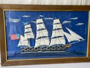 Framed Needle Work / Fabric Artwork Of An American Sailing  Ship.