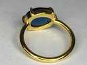 Fabulous 925 / Sterling Silver Ring With 18K Yellow Gold Overlay With Faceted Sapphire - Very Pretty !