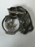 SIGNED JJ PEWTER TONE CAT REACHING IN FISHBOWL BROOCH