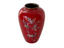 Vintage Red Enameled Brass Vase With Mother Of Pearl Inlay