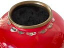 Vintage Red Enameled Brass Vase With Mother Of Pearl Inlay
