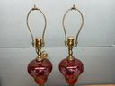 Pair Of Antique Vintage 1800s Cranberry Ruby Red Cut Etch Glass Table Lamps. Bases Show Minor Damage.