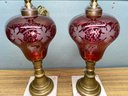 Pair Of Antique Vintage 1800s Cranberry Ruby Red Cut Etch Glass Table Lamps. Bases Show Minor Damage.