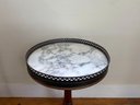 Tri Footed Marble Top Round Table With Reticulated Heart Motif Metal Gallery Edge