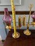 Pair Of Brass And Glass, Antique Style Candle Holders With Purple Glass Shades. 18' Tall