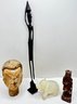 4 International Figurines: Tall Wood Carving From Kenya, Stone Elephant & 2 Hand Carved Wood Figurines