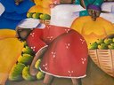 Signed Vintage HAITIAN Folk Art Painting In Period Frame- A Bustling Fruit/ Vegetable Market!