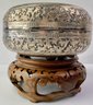 Vintage Silver Over Brass Embossed Cake Box With Teak Stand