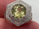Fine Signed Sterling Silver Ring With A Large Pale Green Center Gemstone