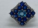 Large Light And Dark Blue Topaz Encrusted Sterling Silver Ring