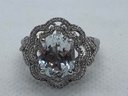 Fine Signed Sterling Silver Ring With A Large White Topaz And Ornate Setting