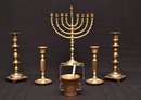 2 Pairs Of Solid Brass Candlesticks,  Brass Menorah, And Brass Mortar And Pestle