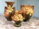 Three (3) Pieces Of Fabulous ROSEVILLE POTTERY In Orange Clematis Pattern - Nice Larger Sizes Pieces - NICE !