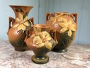 Three (3) Pieces Of Fabulous ROSEVILLE POTTERY In Orange Clematis Pattern - Nice Larger Sizes Pieces - NICE !