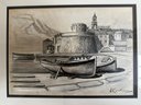 Original Charcoal Drawing Purchased In Croatia, Scene Of Dubrovnik City Walls, Signed
