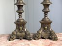 Incredible Pair Of Large Antique Brass French Candlestick Lamps - Fine Details - Very Pretty - French Plugs