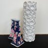 Pair Of WBI Porcelain Hand Painted Candlesticks & A White Ceramic Vase