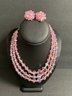Vintage 3 Strand Pink Crystal Aurora Borealis 14' Neklace & Matching 1' Clip Earrings ( READ Description)