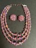 Vintage 3 Strand Pink Crystal Aurora Borealis 14' Neklace & Matching 1' Clip Earrings ( READ Description)