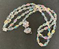 Vtg Long 24' Barrel Shape Crystal Aurora Borealis Double Strand Necklace & 1' Clip Earrings Round Stones