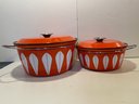 Pair Of Chatrineholm Large Orange And White Lotus Design Covered Pots.