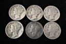 6 U.S. Mercury Silver Dimes, 1942-45, WWII Era, 1 S, 1D Mint Mark