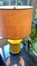 A Vintage Yellow Ceramic Table Lamp In Wood Base