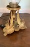 A Pair Of Antique Brass  3 Swans Taper Electric Lamps Candlestick Glass Hurricane