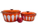 Pair Of Chatrineholm Large Orange And White Lotus Design Covered Pots.