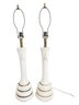 Mid 20th Century Large White Ceramic Table Lamps With Gold Accent Striping & Floral Relief- No Shades