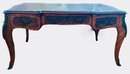 Beautiful Burl Wood Inlay And Veneer Glass Top Desk With Iron Embellishments